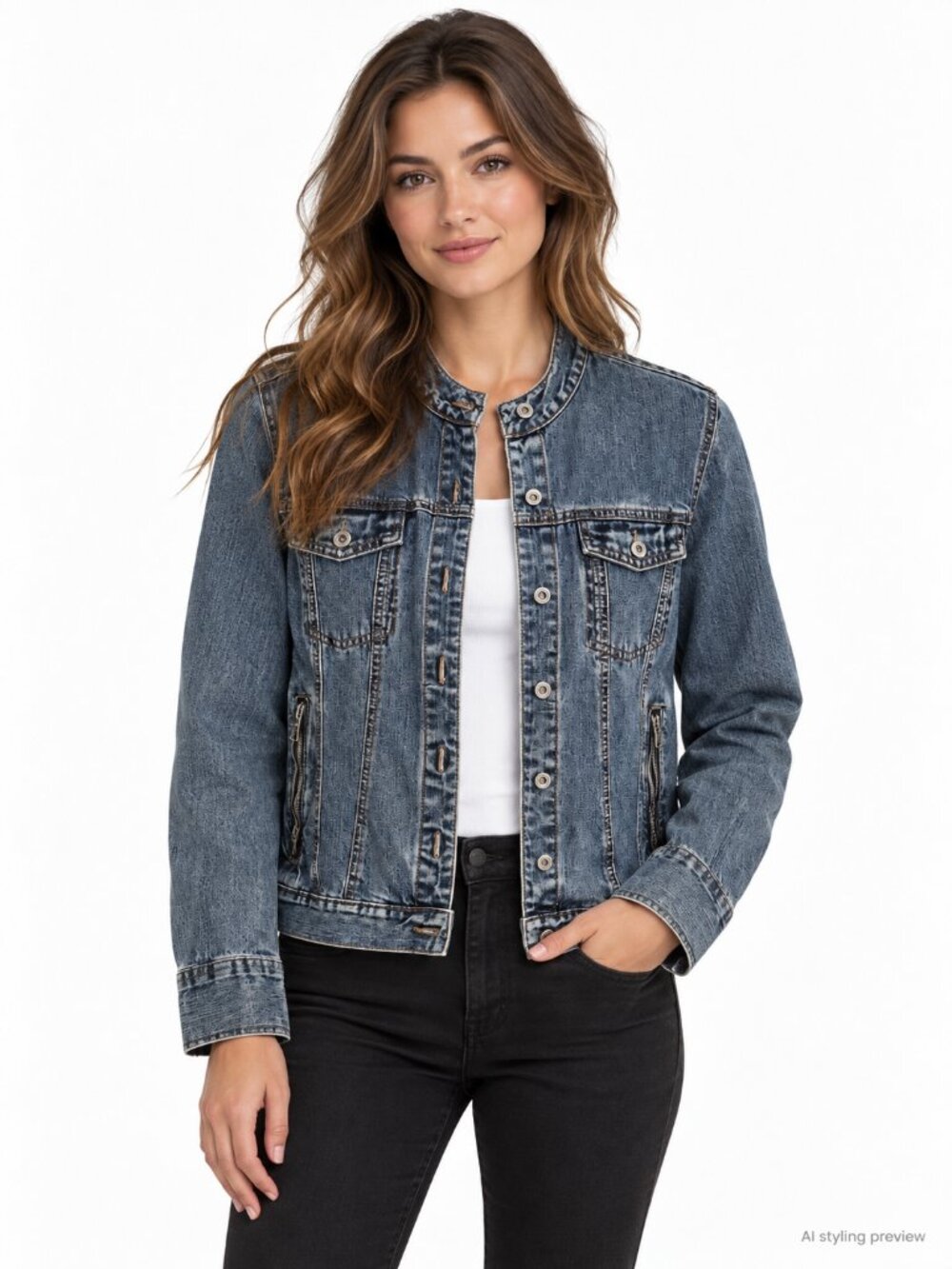 French Cuff Blue Denim Band Collar Jacket Zip Pockets Size Medium